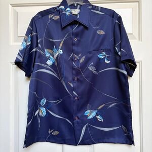 Vintage Tori Richard Mens Navy Blue Floral Satin Aloha Shirt Hawaiian USA Size M